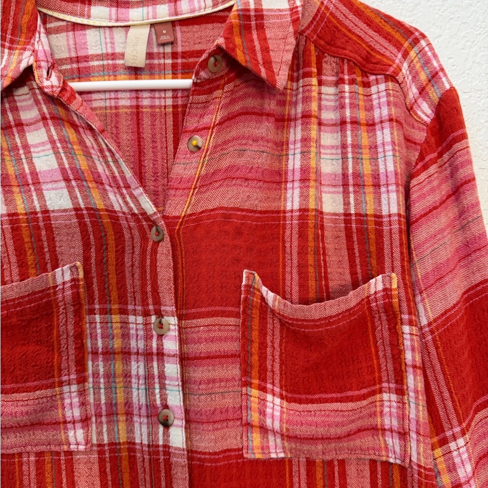 Anthropologie Pilcro Relaxed Long-Sleeve Plaid Button Down In Red Size Medium - Picture 3 of 8